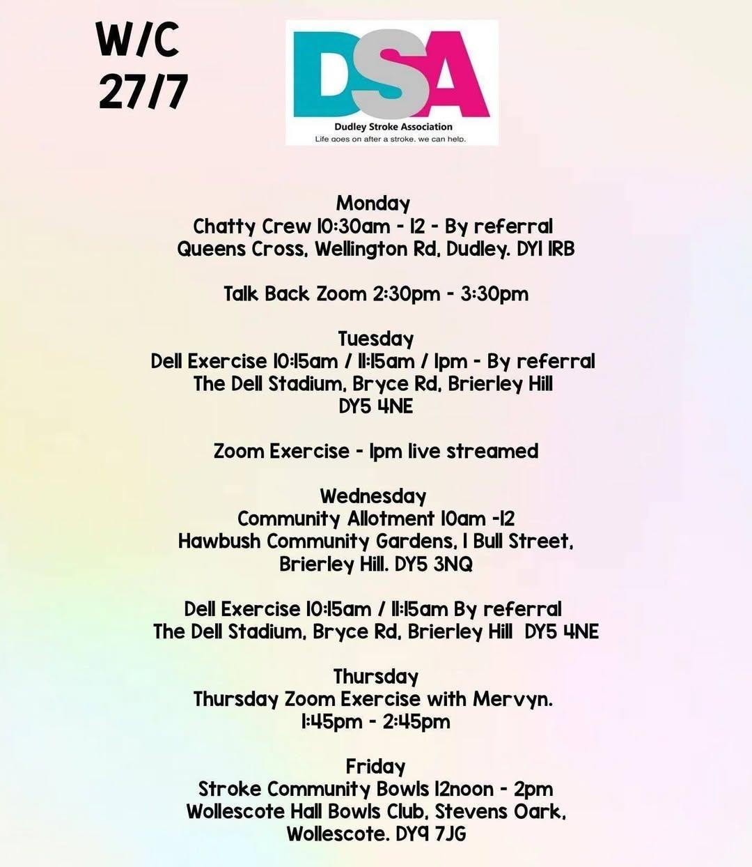 Featured image for “Dudley Stroke Association have the following activities week commencing!”